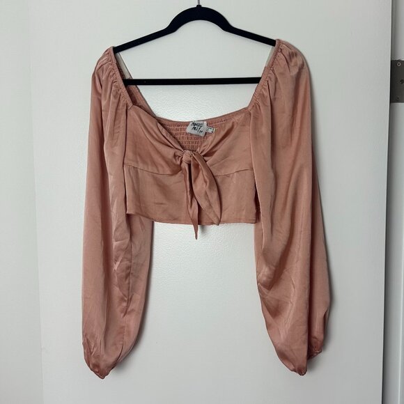 Princess Polly Pink Satin Long Sleeve Crop Top with Bell Sleeves Estee - Picture 1 of 16